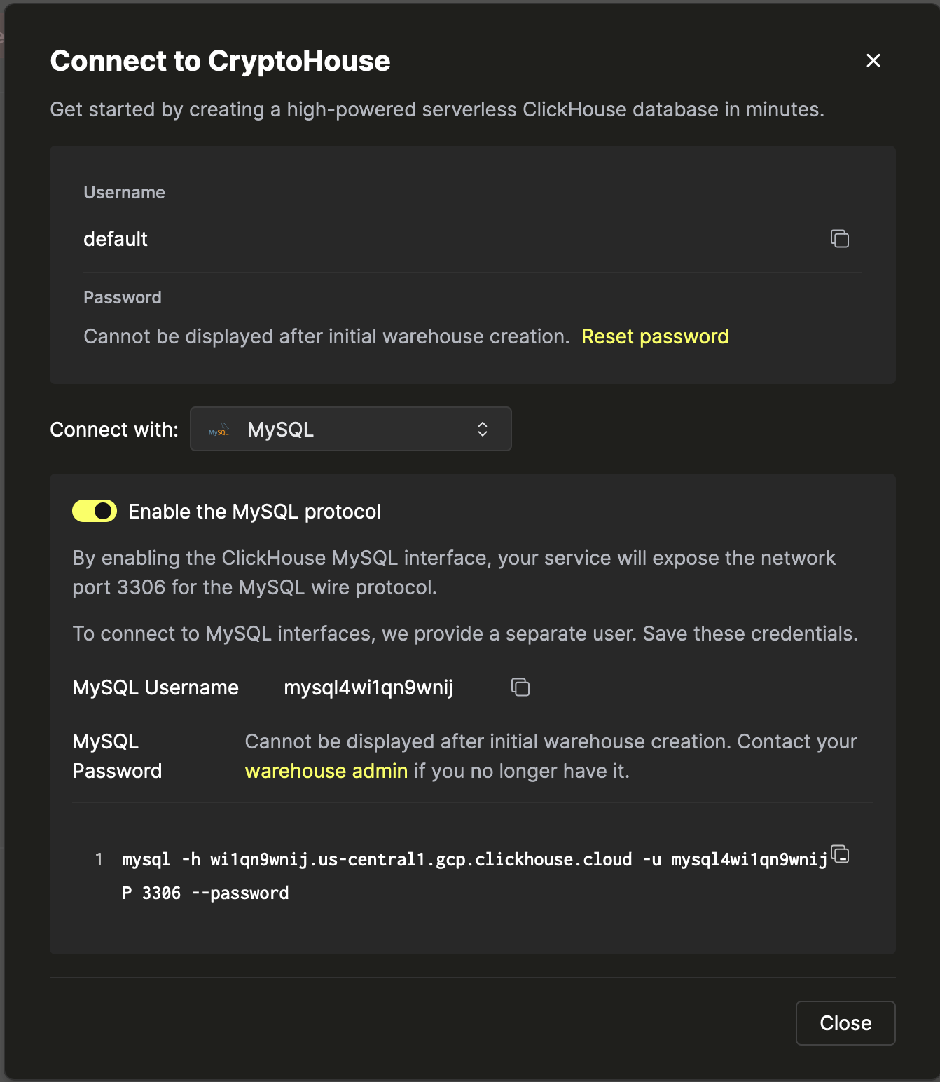 Credentials screen - Enabled MySQL